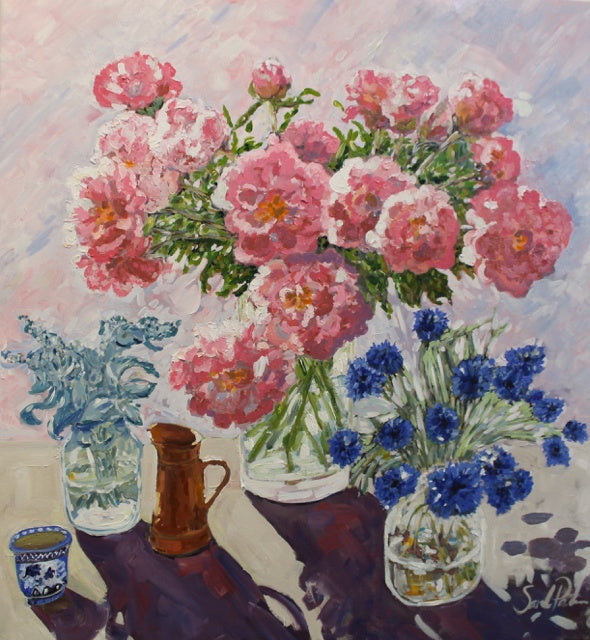 Pink Peonies and Blue Cornflowers