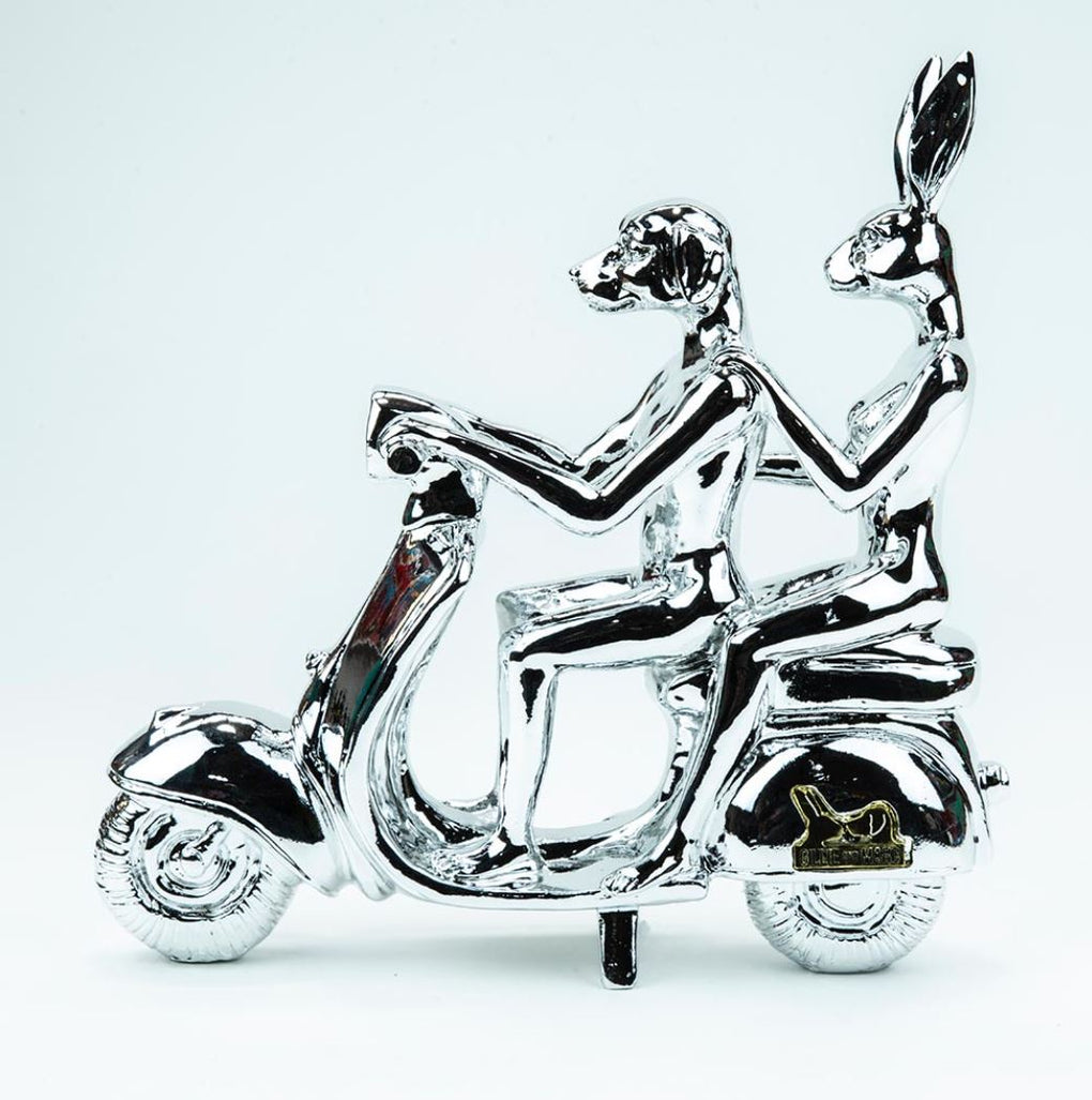 Happy Mini Vespa Riders (metallic silver)